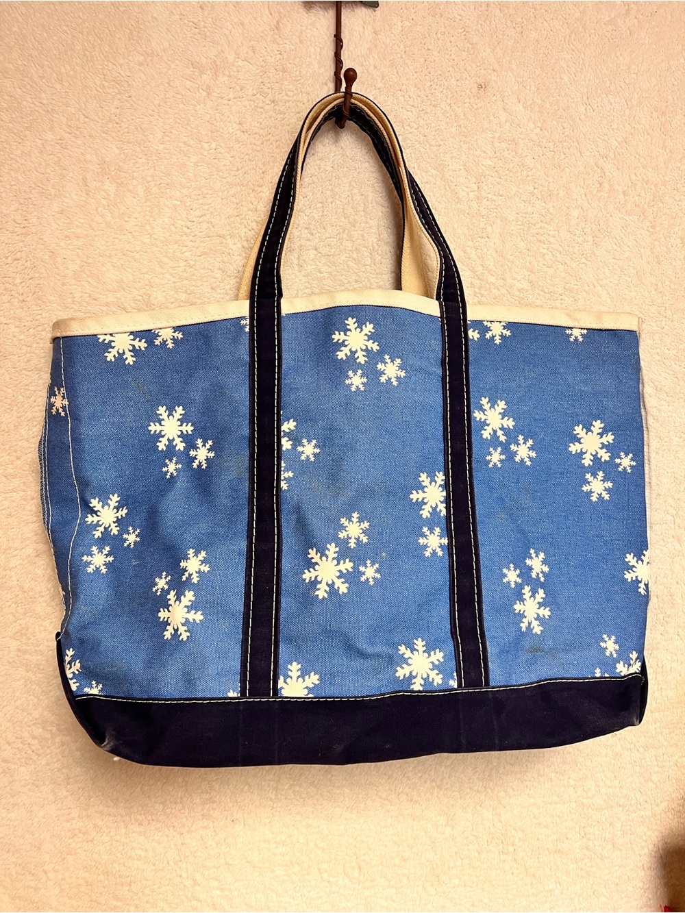 L.L. Bean Blue Snowflake Canvas Tote with Navy Trim